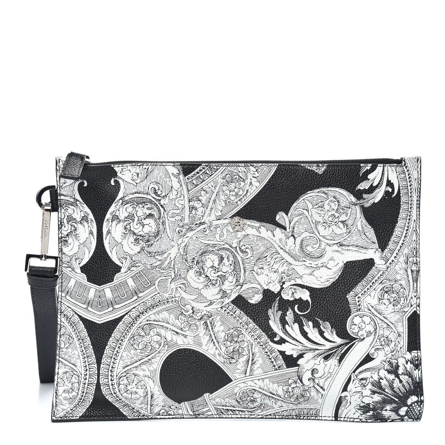 Grained Calfskin Large Baroccoflage Wristlet Pouch Black White