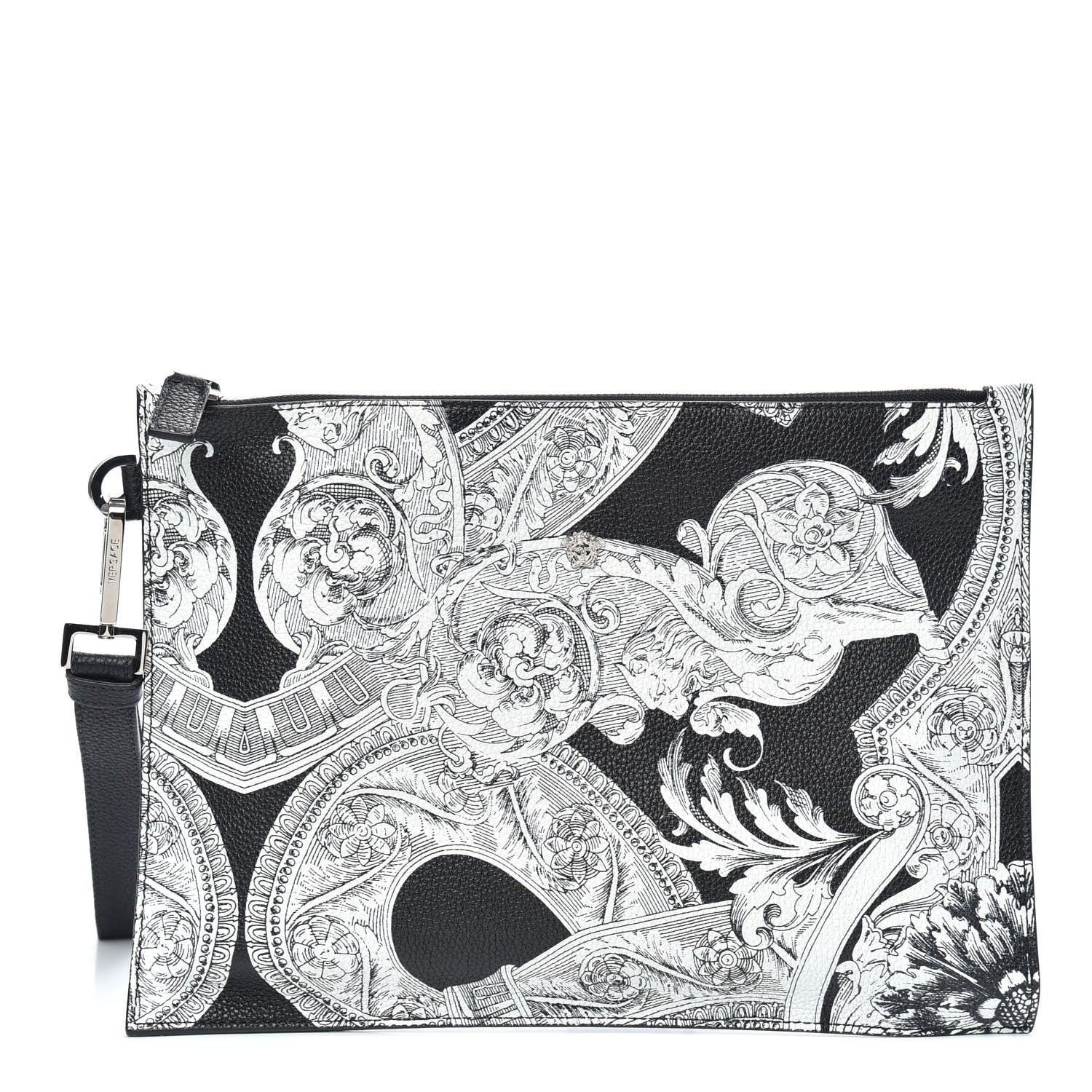 Versace Grained Calfskin Large Baroccoflage Wristlet Pouch Black White 1 of 8