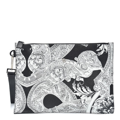 Versace Grained Calfskin Large Baroccoflage Wristlet Pouch Black White 1 of 8