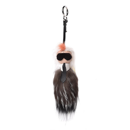 Fendi Fox Mink Goat Fur Mini Karlito Bag Charm White Black Flamingo 1 of 5