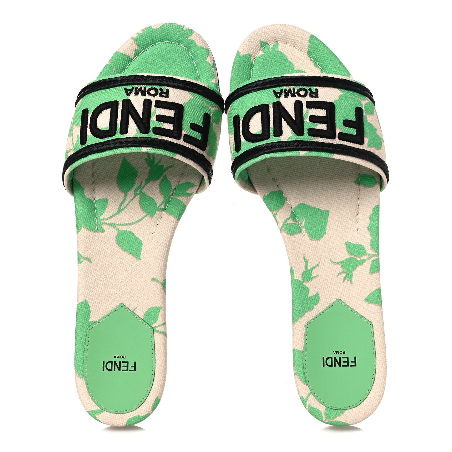 Canvas Floral Print Logo Flat Slide Sandals 39.5 Green