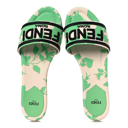 Fendi Canvas Floral Print Logo Flat Slide Sandals 39.5 Green 2 of 10