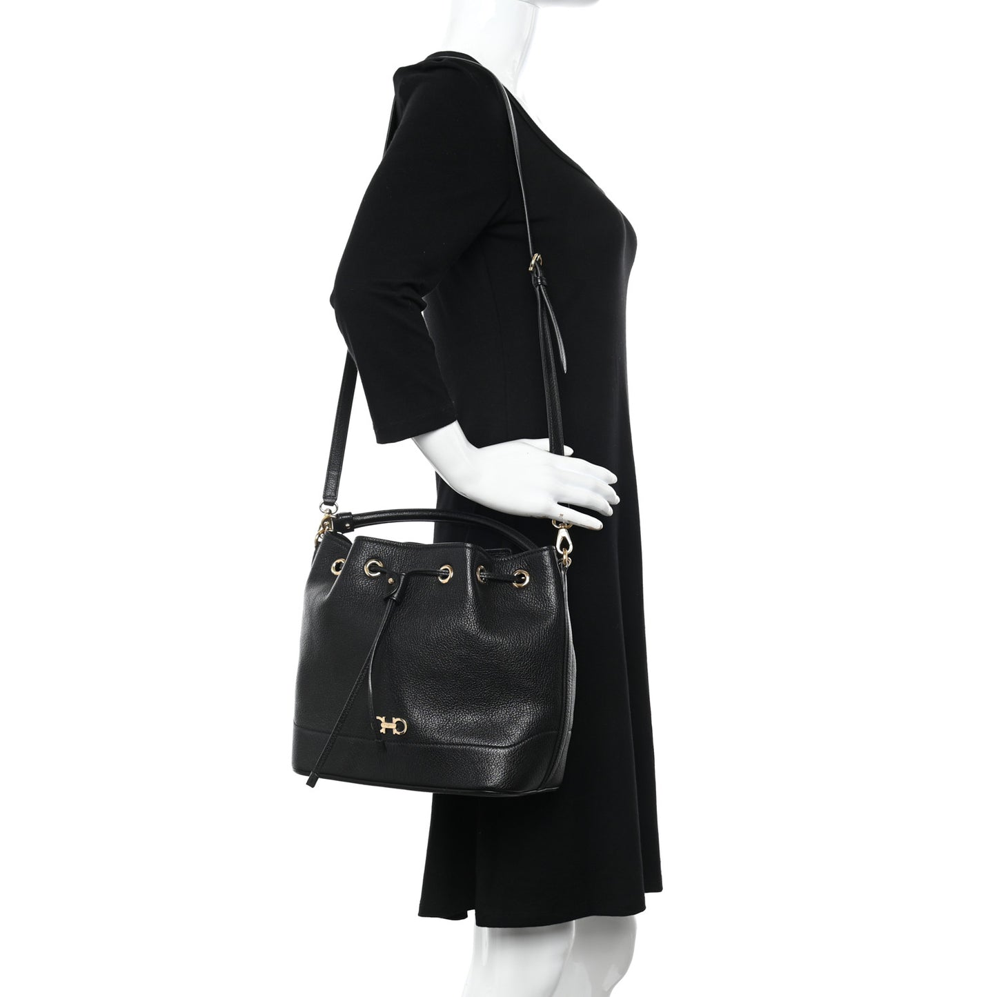Grained Calfskin Gancino Bucket Bag Black