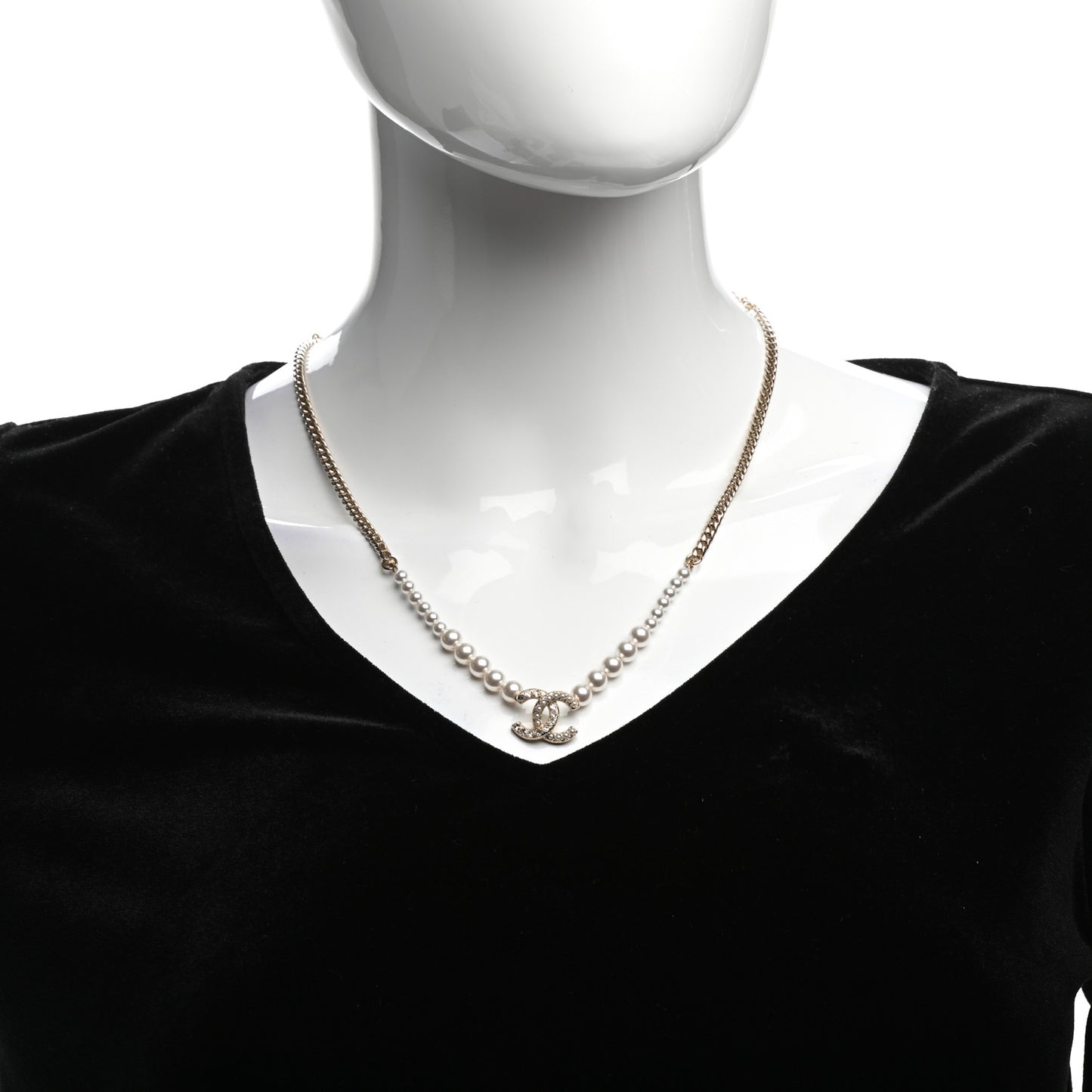 Pearl Crystal Chain CC Necklace Gold