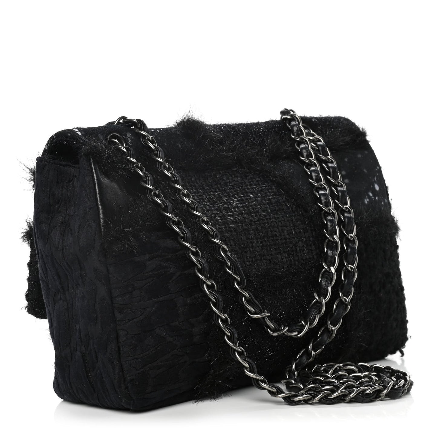 Tweed Faux Fur Patchwork Jumbo Single Flap Black