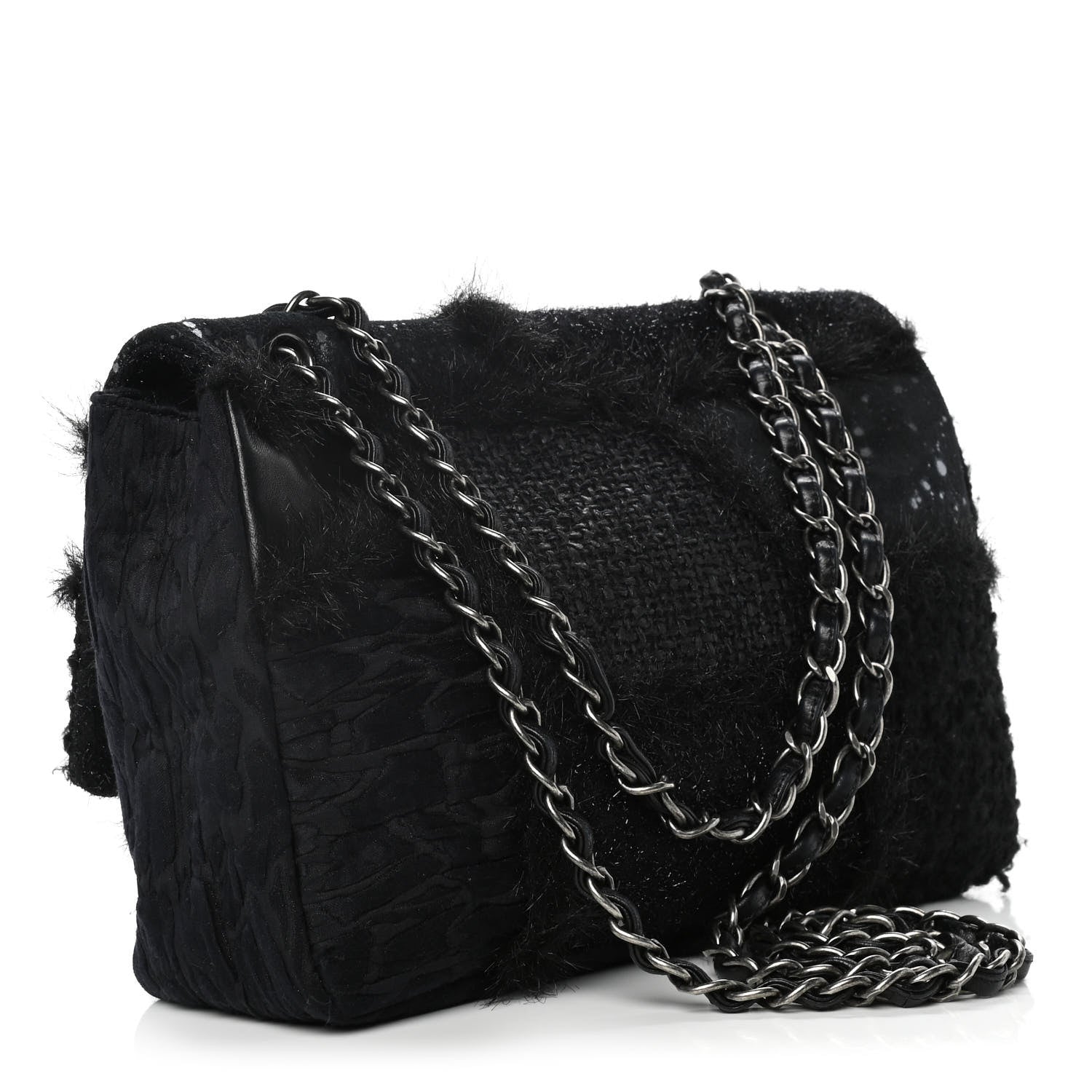 Chanel Tweed Faux Fur Patchwork Jumbo Single Flap Black 2 of 11