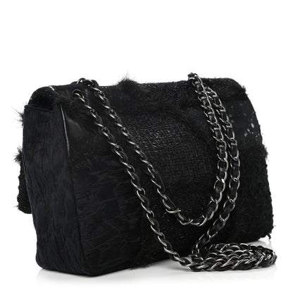 Chanel Tweed Faux Fur Patchwork Jumbo Single Flap Black 2 of 11