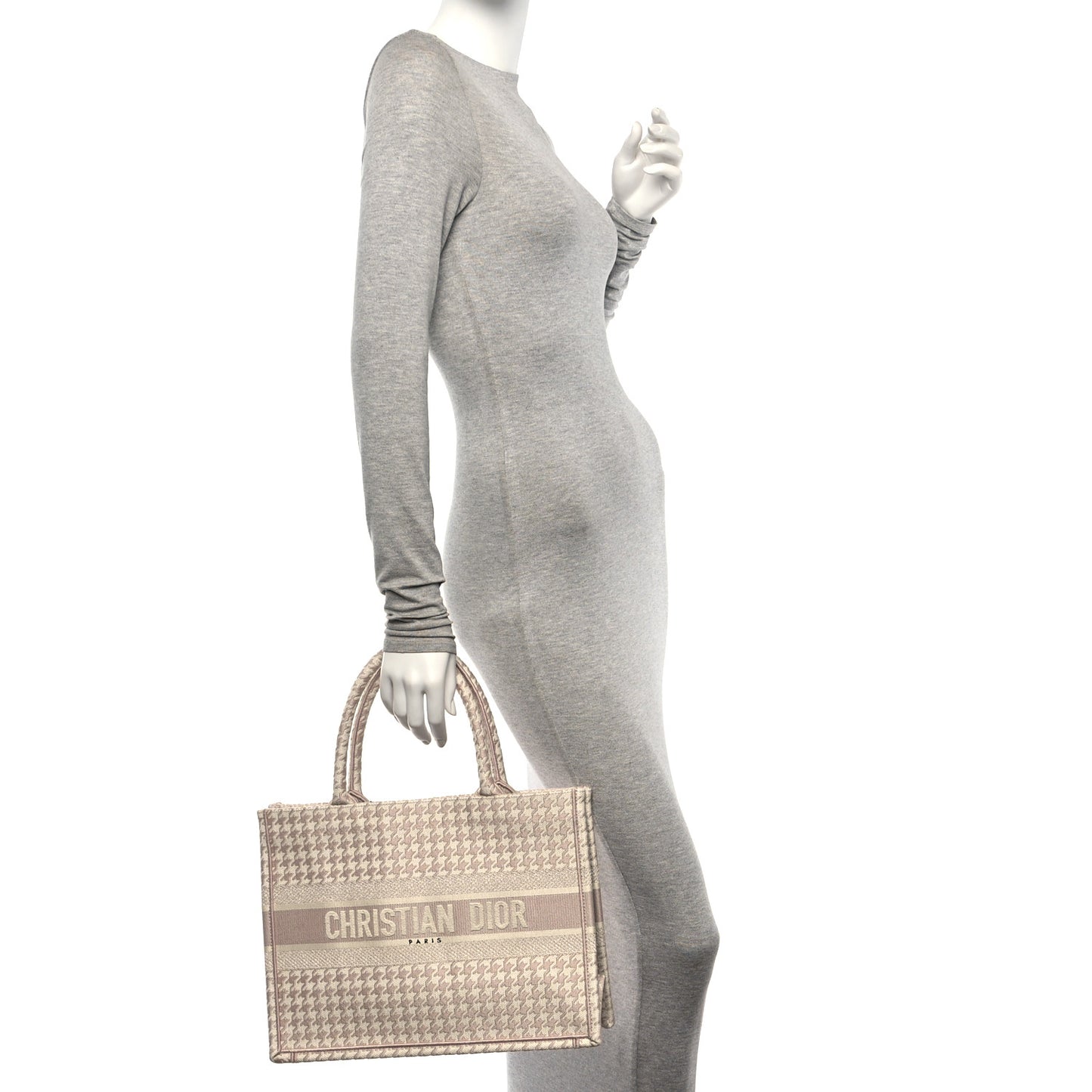 Canvas Macro Houndstooth Embroidered Medium Book Tote Pink White