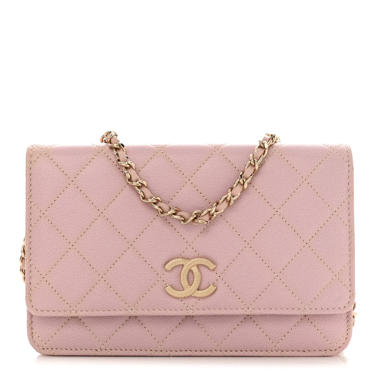 Caviar Quilted Studded CC Wallet on Chain WOC Light Pink