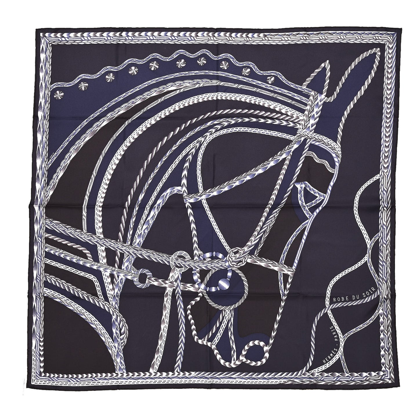 Silk Robe Du Soir Scarf 90 Marine Encre Blanc