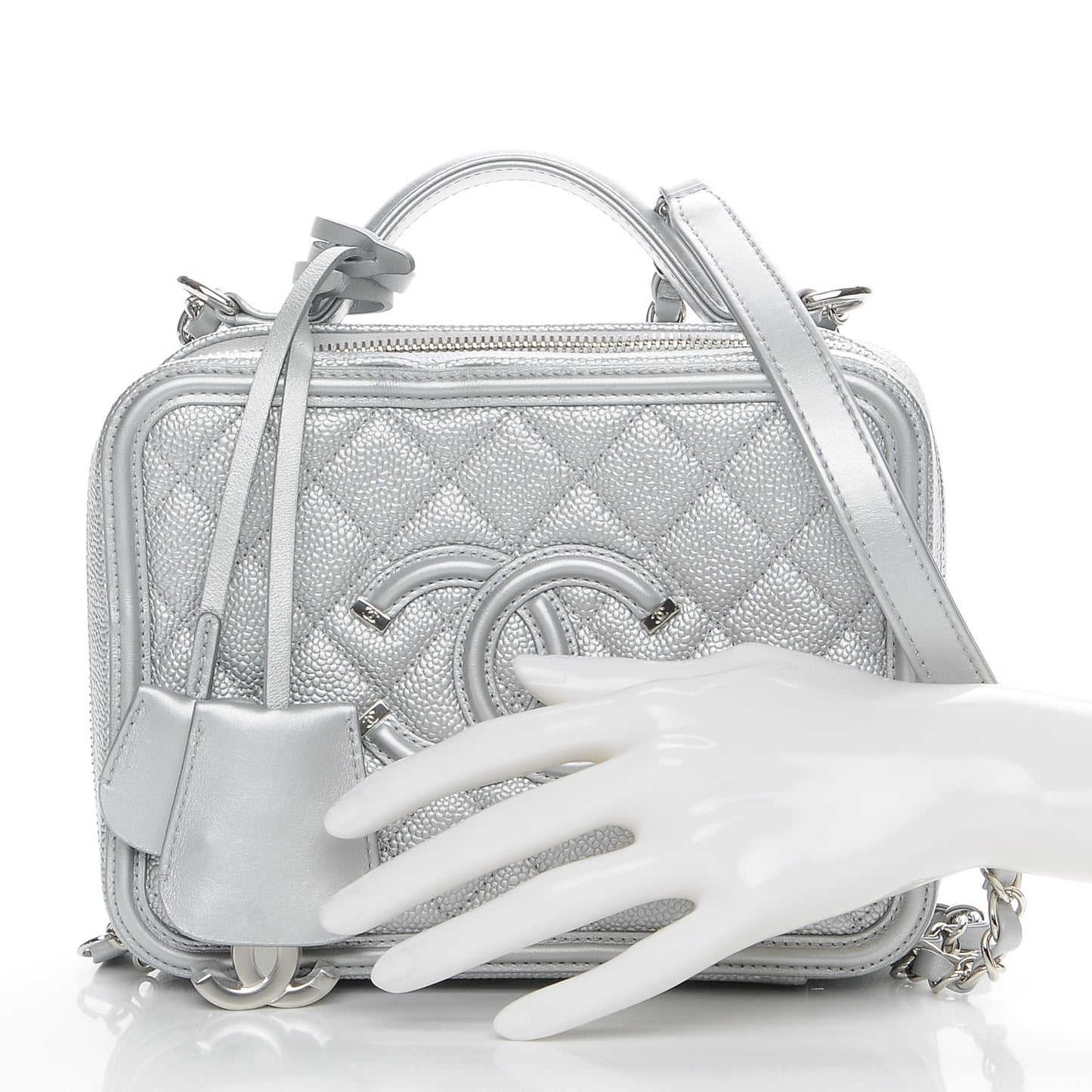 Metallic Caviar Quilted Medium CC Filigree Vanity Case Silver