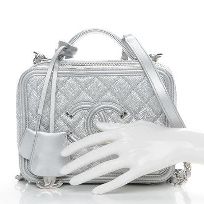 Chanel Metallic Caviar Quilted Medium CC Filigree Vanity Case Silver 3 of 9