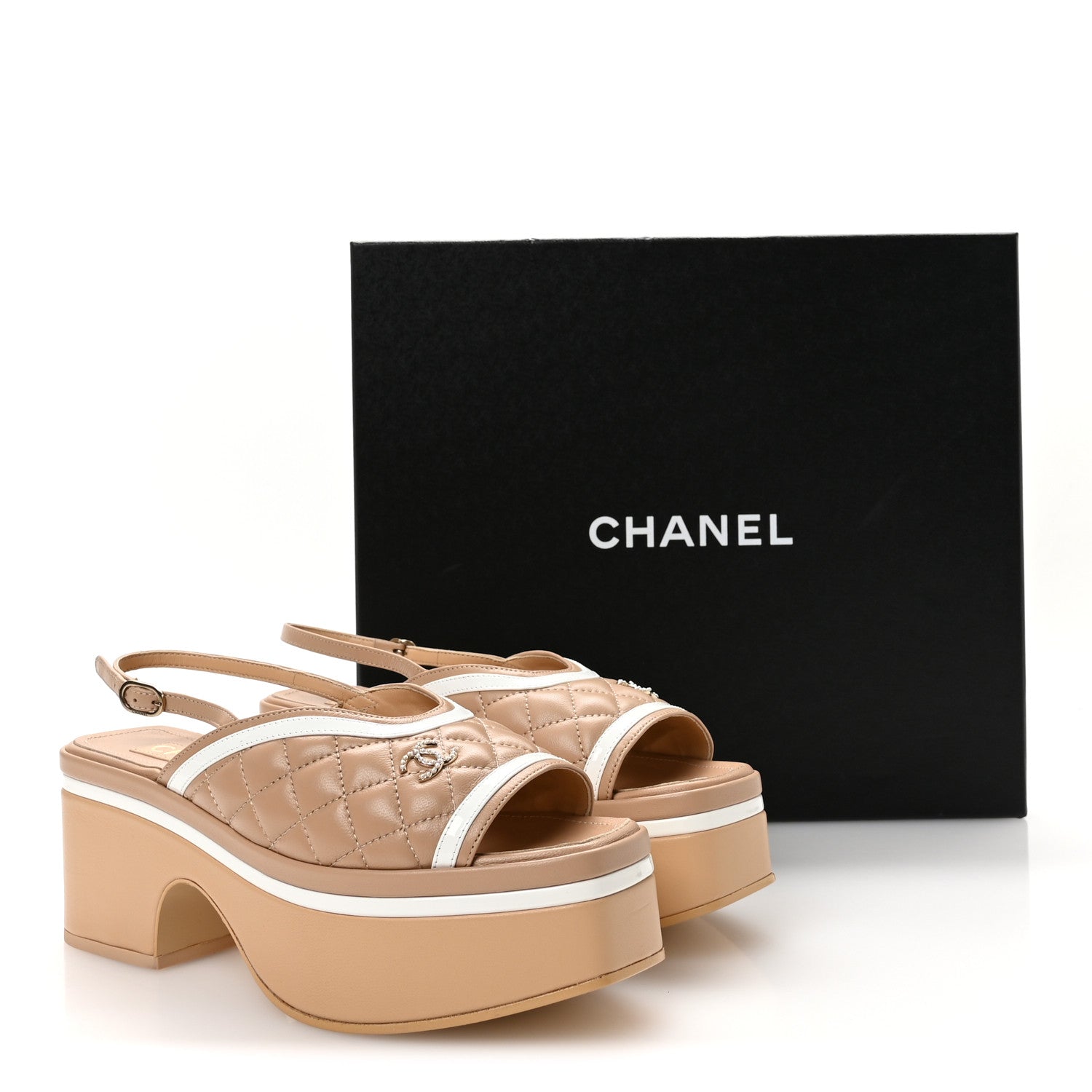 Chanel Lambskin Patent Quilted CC Platform Sandals 37.5 Beige