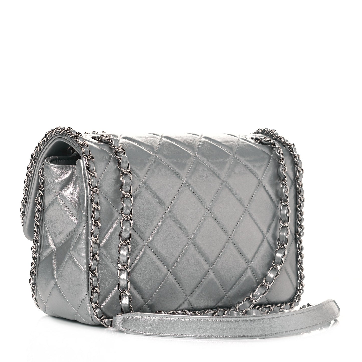 Metallic Lambskin Medium Chain All Over Flap Silver