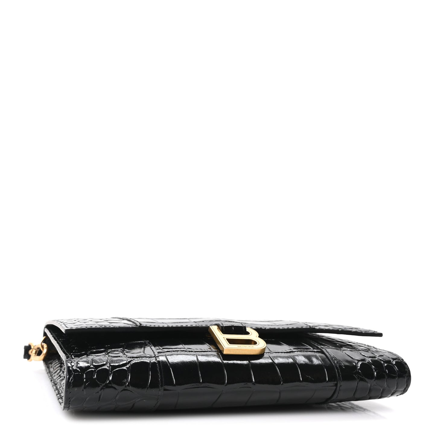 Shiny Calfskin Crocodile Embossed Hourglass Gusset Pouch Black