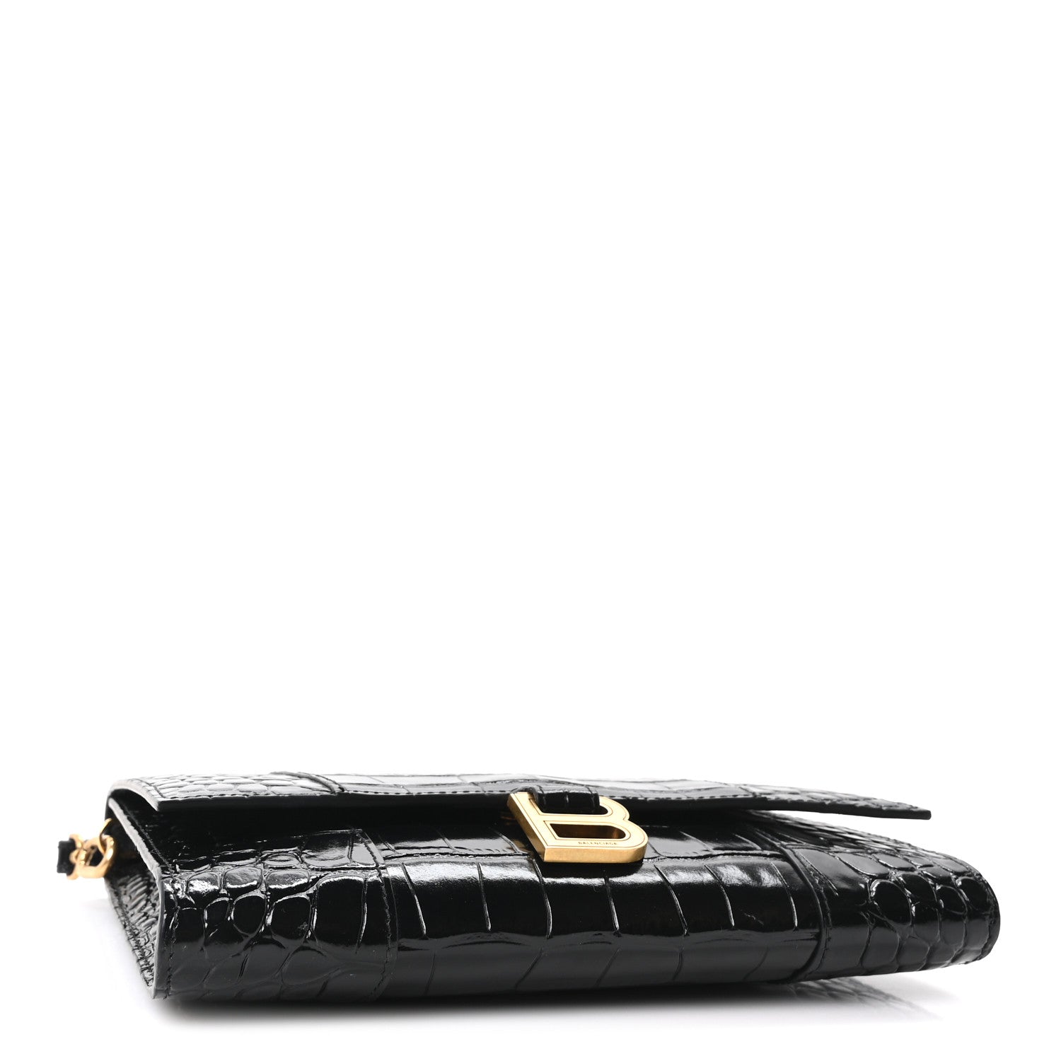 Balenciaga Shiny Calfskin Crocodile Embossed Hourglass Gusset Pouch Black 4 of 9