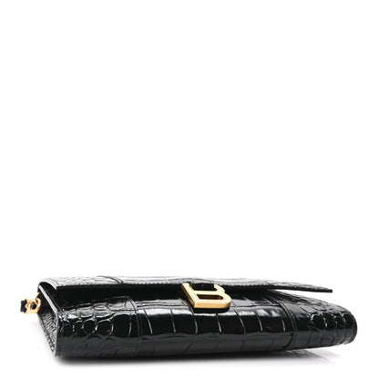 Balenciaga Shiny Calfskin Crocodile Embossed Hourglass Gusset Pouch Black 4 of 9
