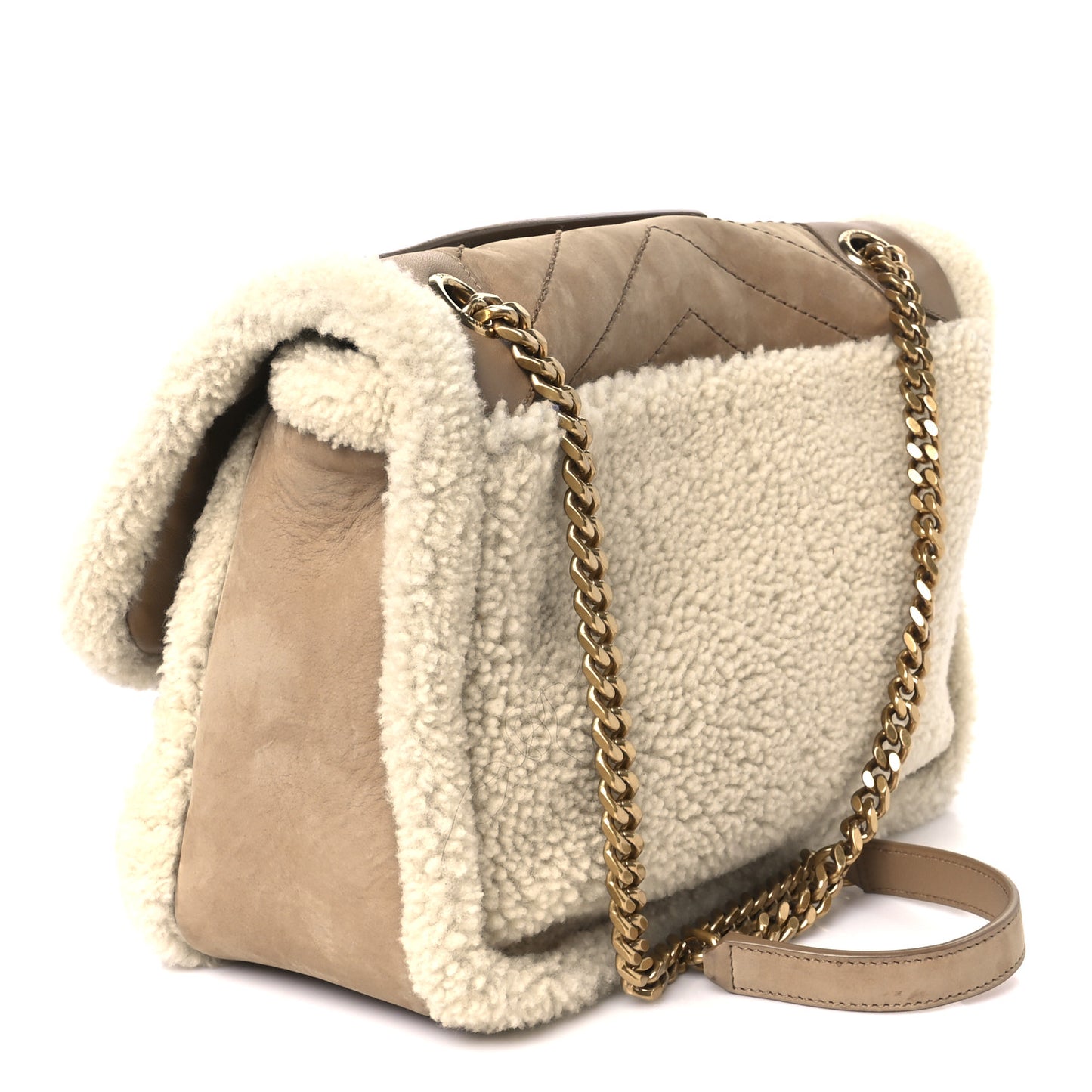 Nubuck Shearling Monogram Medium Niki Chain Satchel Ivory Natural Tan