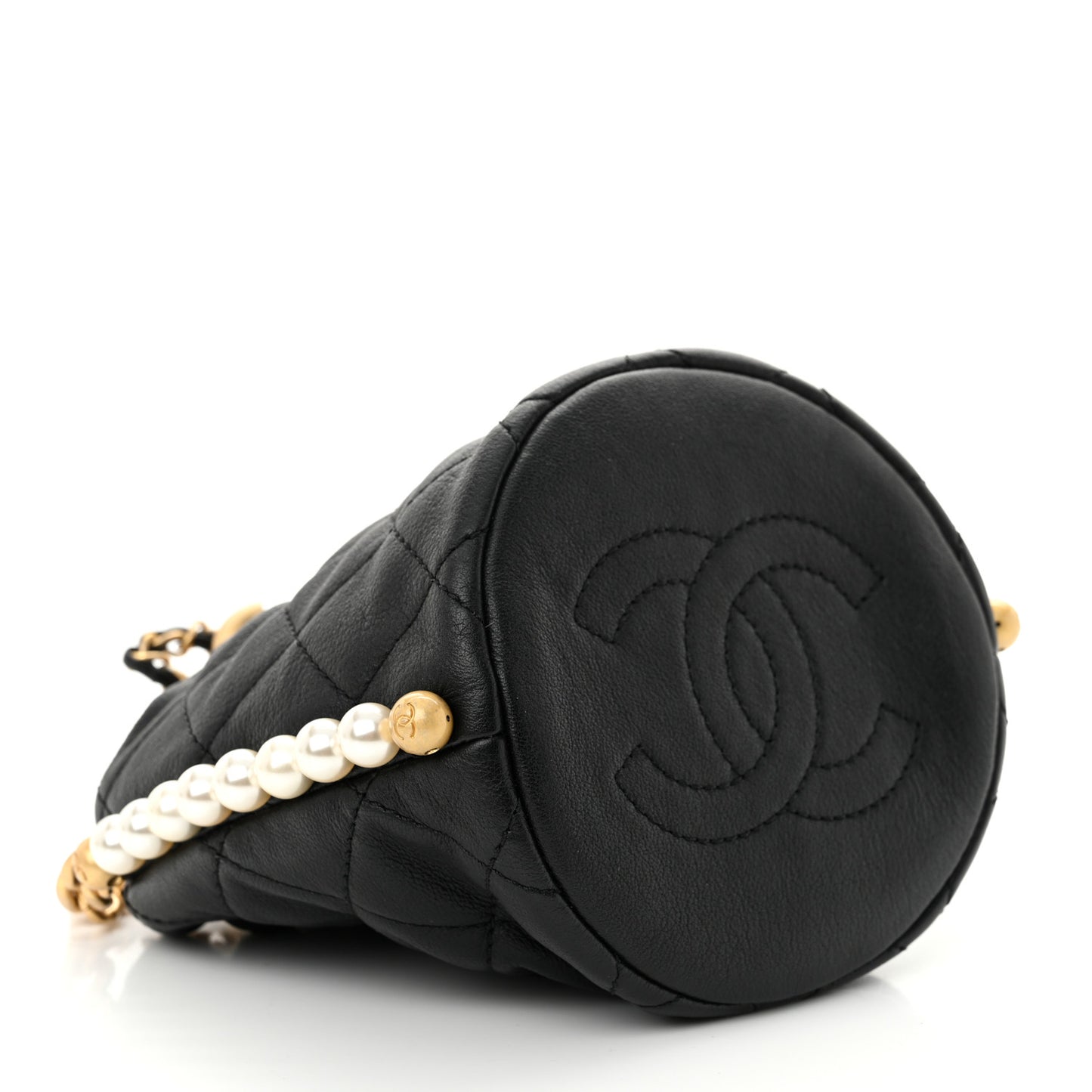 Calfskin Quilted Pearl Mini About Pearls Drawstring Bucket Bag Black