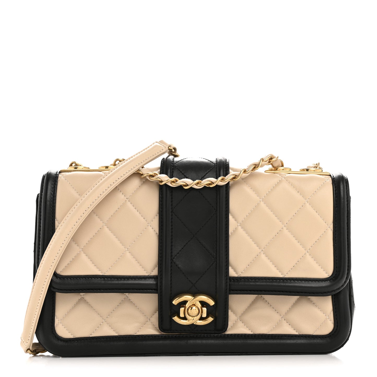 Lambskin Quilted Medium Elegant CC Flap Beige Black