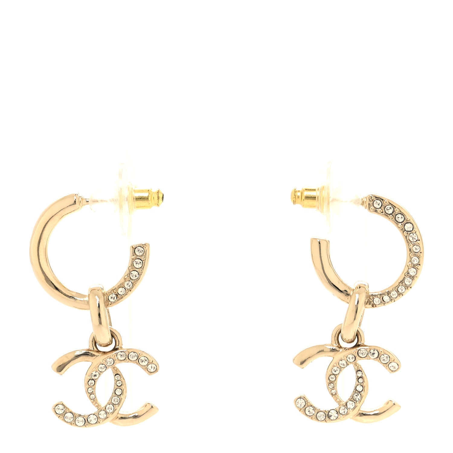 Chanel Crystal Bead CC Hoop Drop Earrings Light Gold 1 of 5