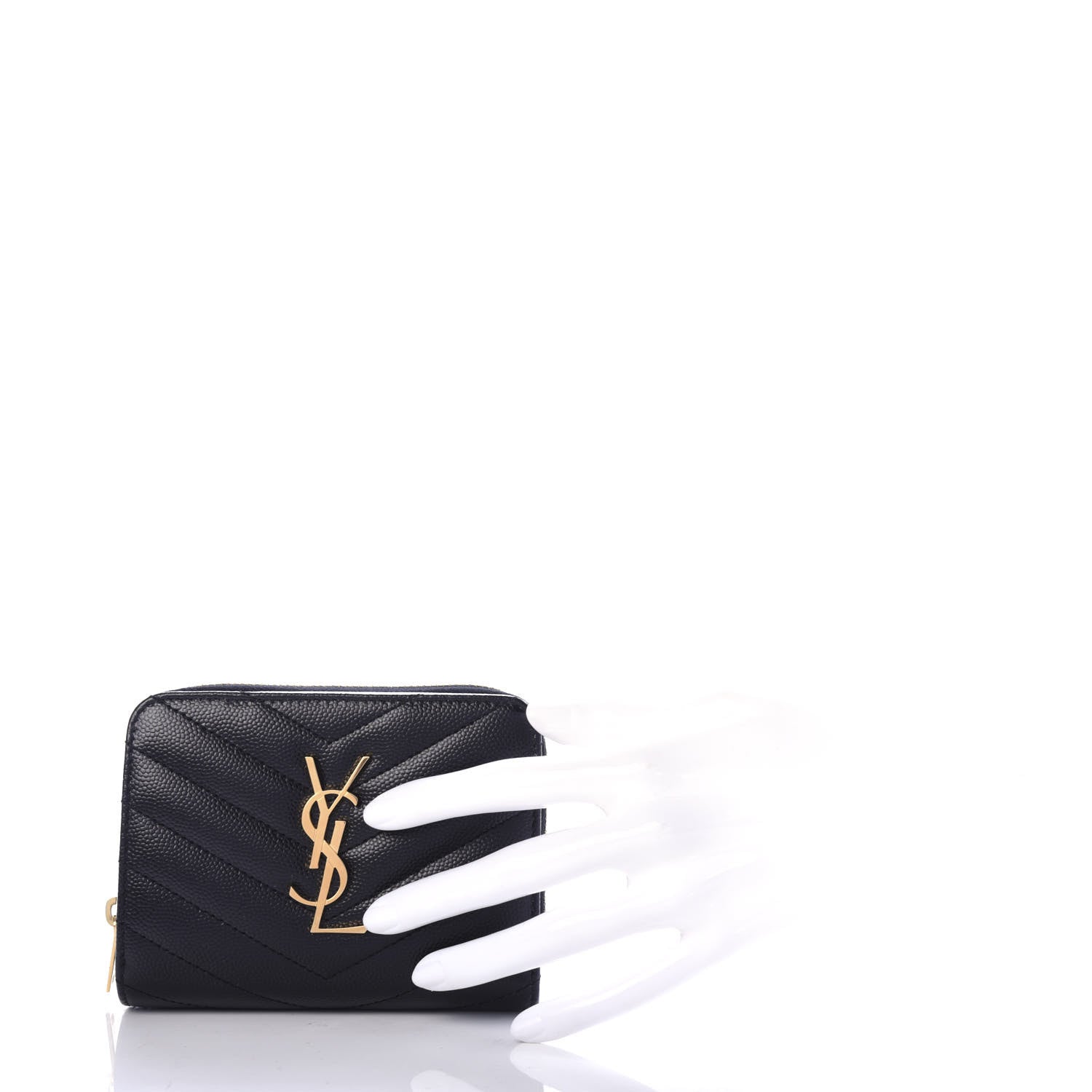Saint Laurent Grain De Poudre Matelasse Chevron Monogram Compact Zip Around Wallet Black 2 of 8