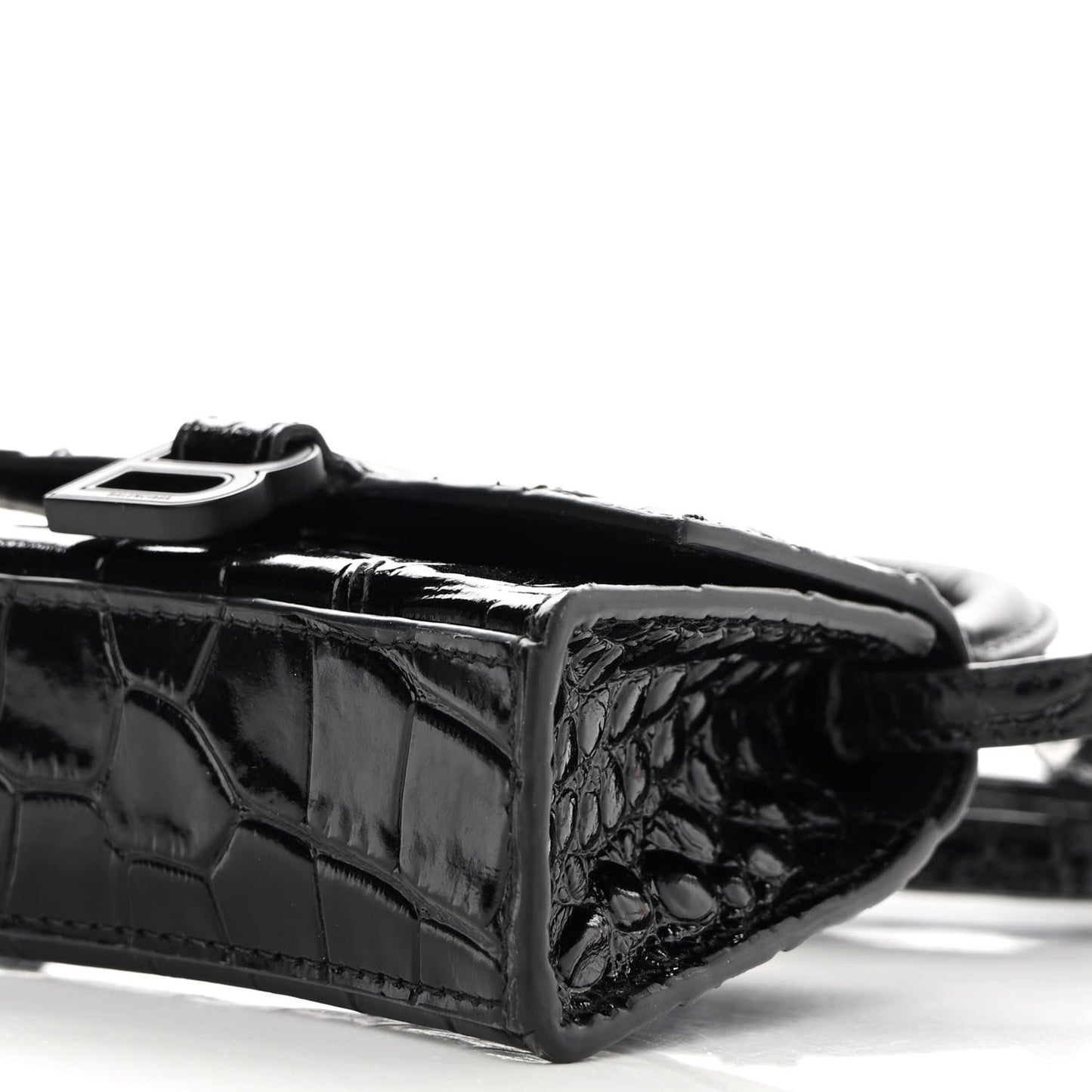Shiny Calfskin Monochrome Crocodile Embossed Hourglass Top Handle Bag Mini Black