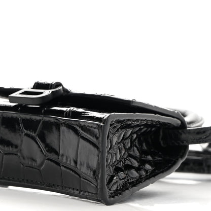 Balenciaga Shiny Calfskin Monochrome Crocodile Embossed Hourglass Top Handle Bag Mini Black 9 of 11