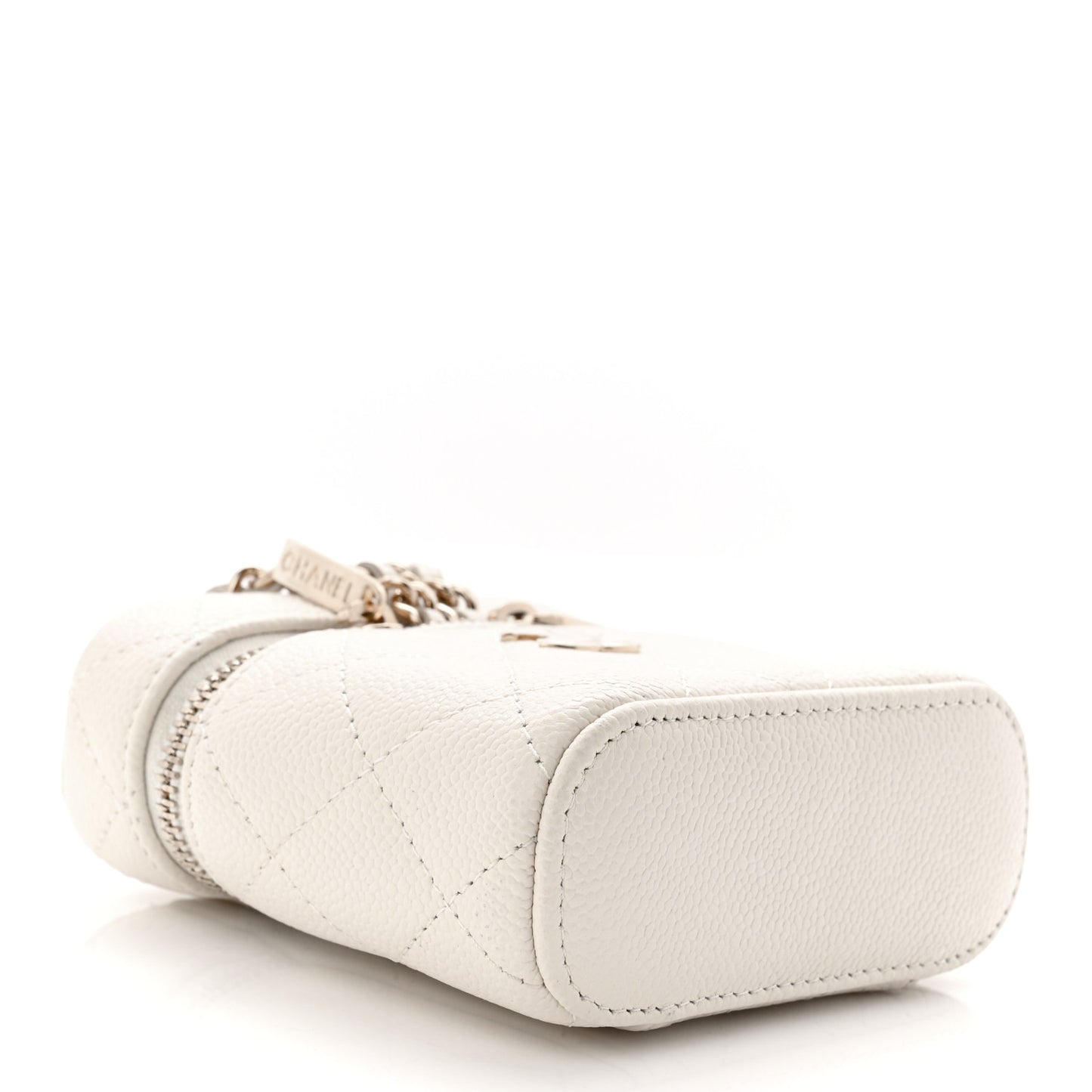 Caviar Quilted Small Handle With Care Vanity Case With Chain White