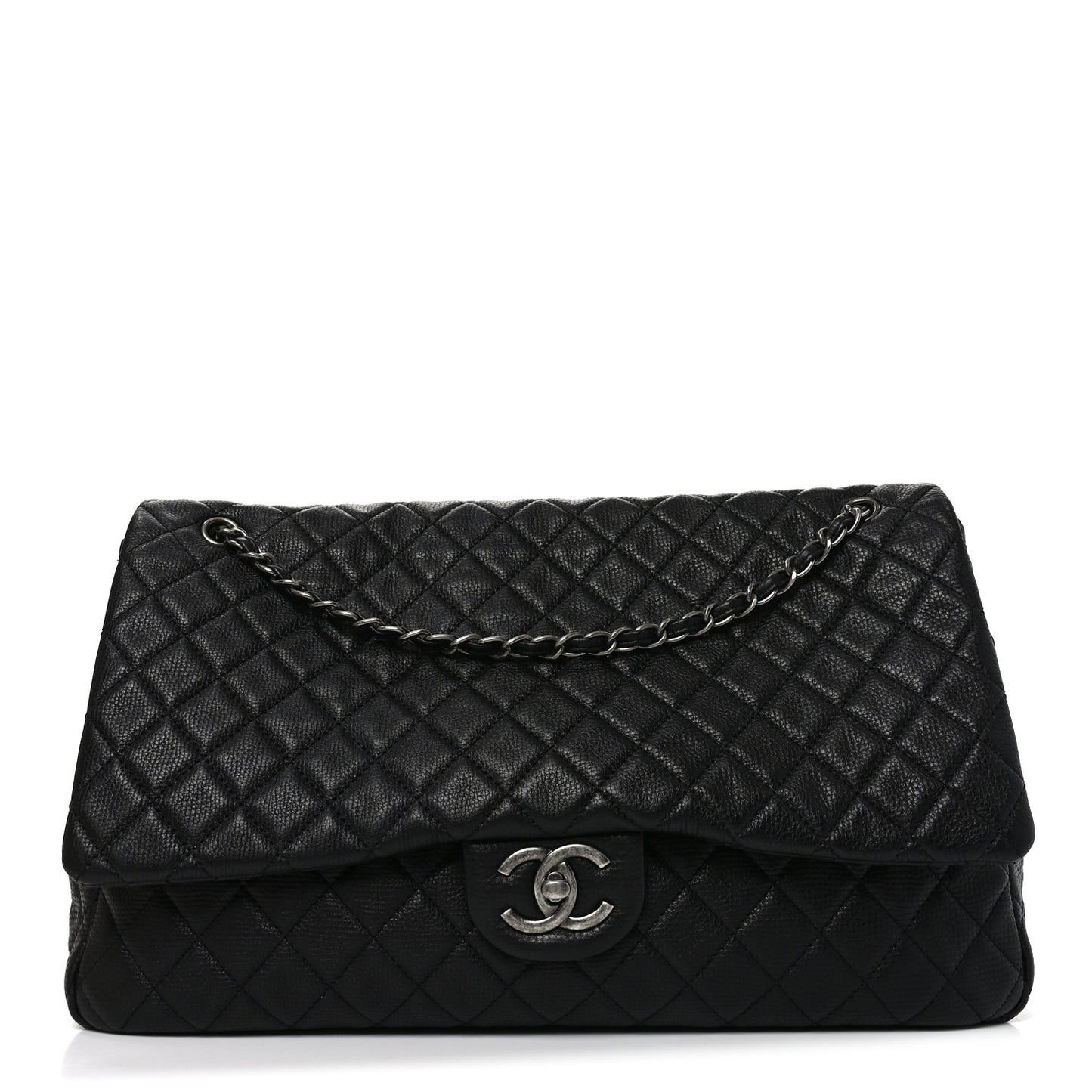 Grained Calfskin Quilted XXL Travel Flap Bag Black Black