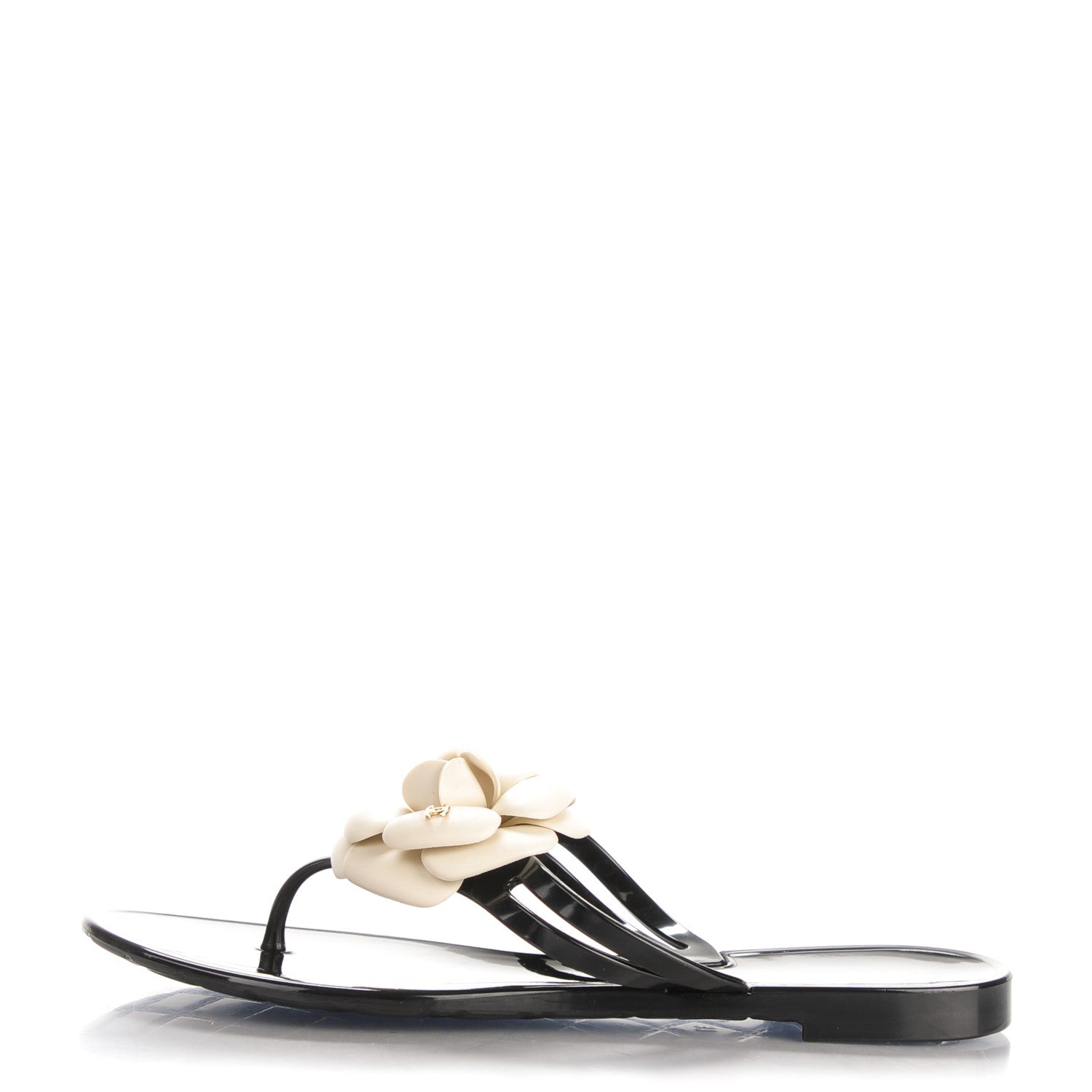Chanel Jelly Camellia Thong Sandals 37 Black Ivory 1 of 7