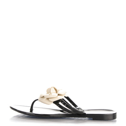 Chanel Jelly Camellia Thong Sandals 37 Black Ivory 1 of 7