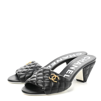 Chanel Lambskin Quilted Textured CC Mules 37 Black 3 of 9