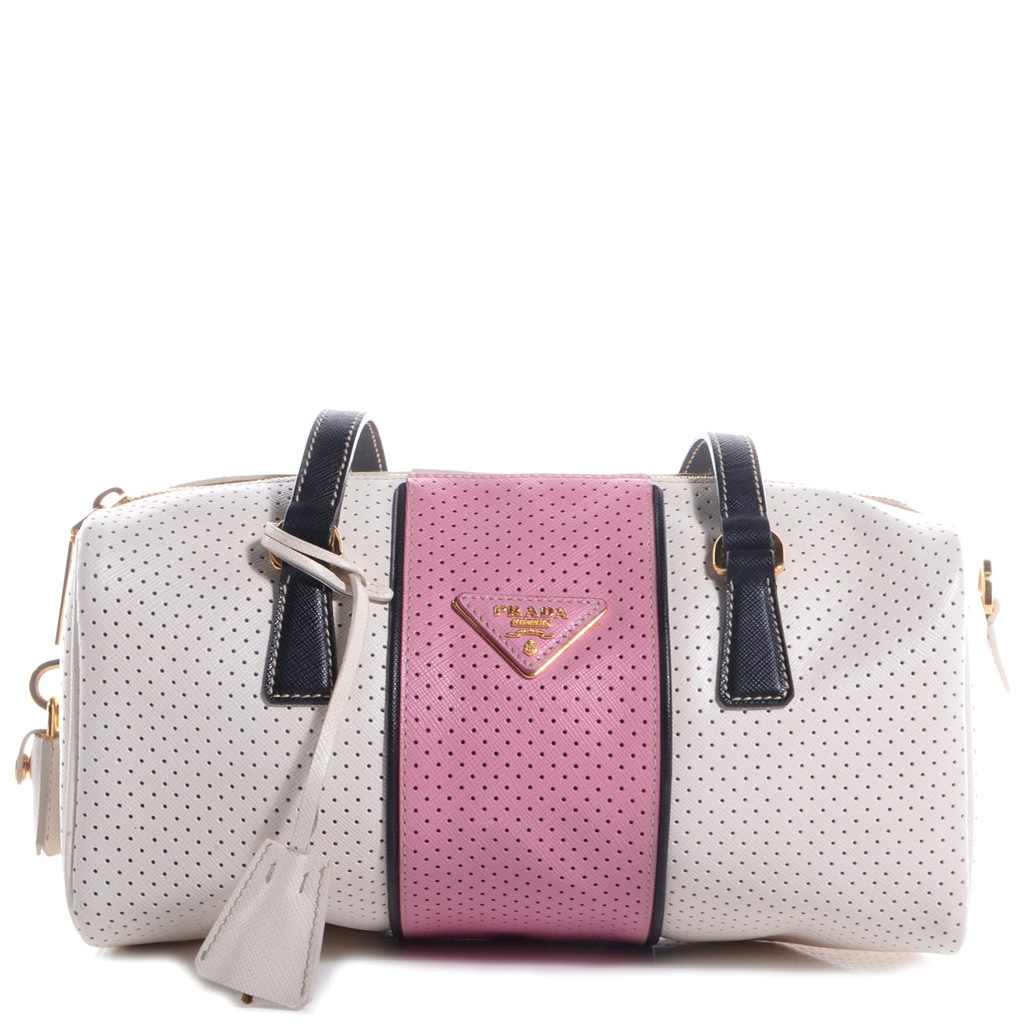 Saffiano Perforated Striped Shoulder Bag White Black