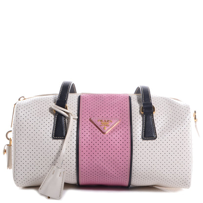 Prada Saffiano Perforated Striped Shoulder Bag White Black 1 of 30