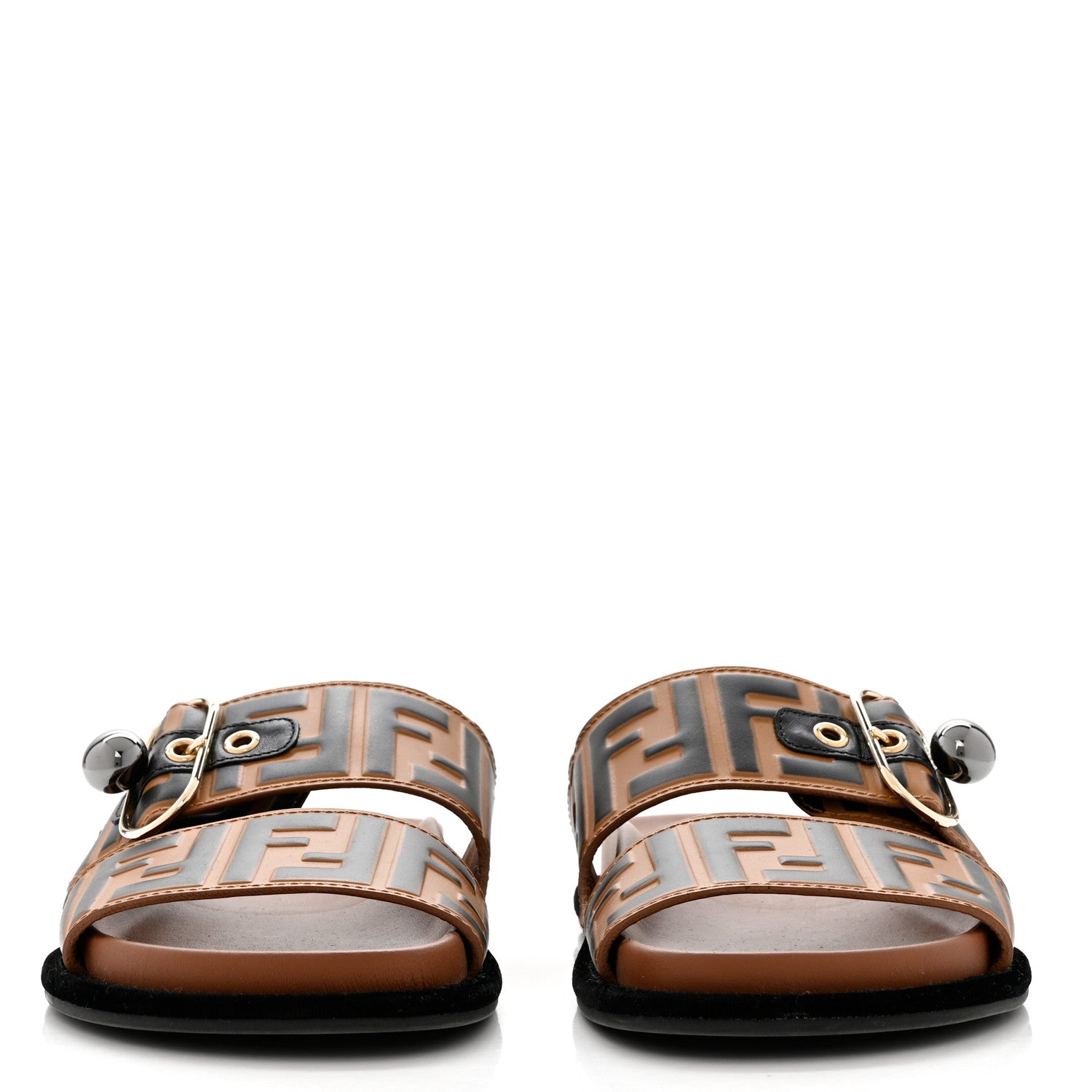 Fendi Calfskin FF Embossed Pearland Slide Sandals 35 Tobacco Moro 2 of 9