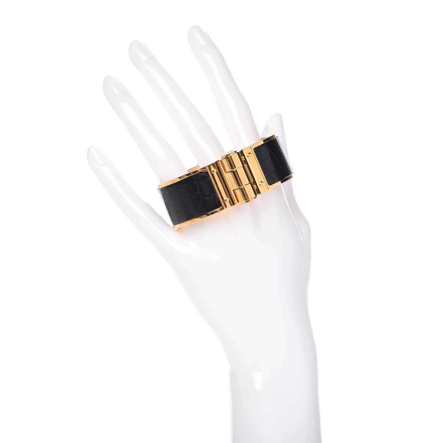 Shiny Alligator Charniere Cuir Wide Hinged Bracelet S Black