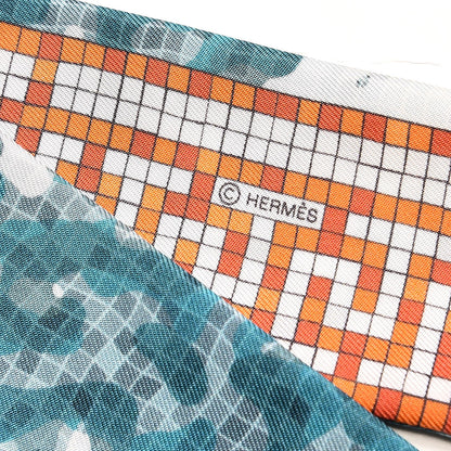 Hermes Silk A Beverly Hills Twilly Orange Bleu Blanc 5 of 5