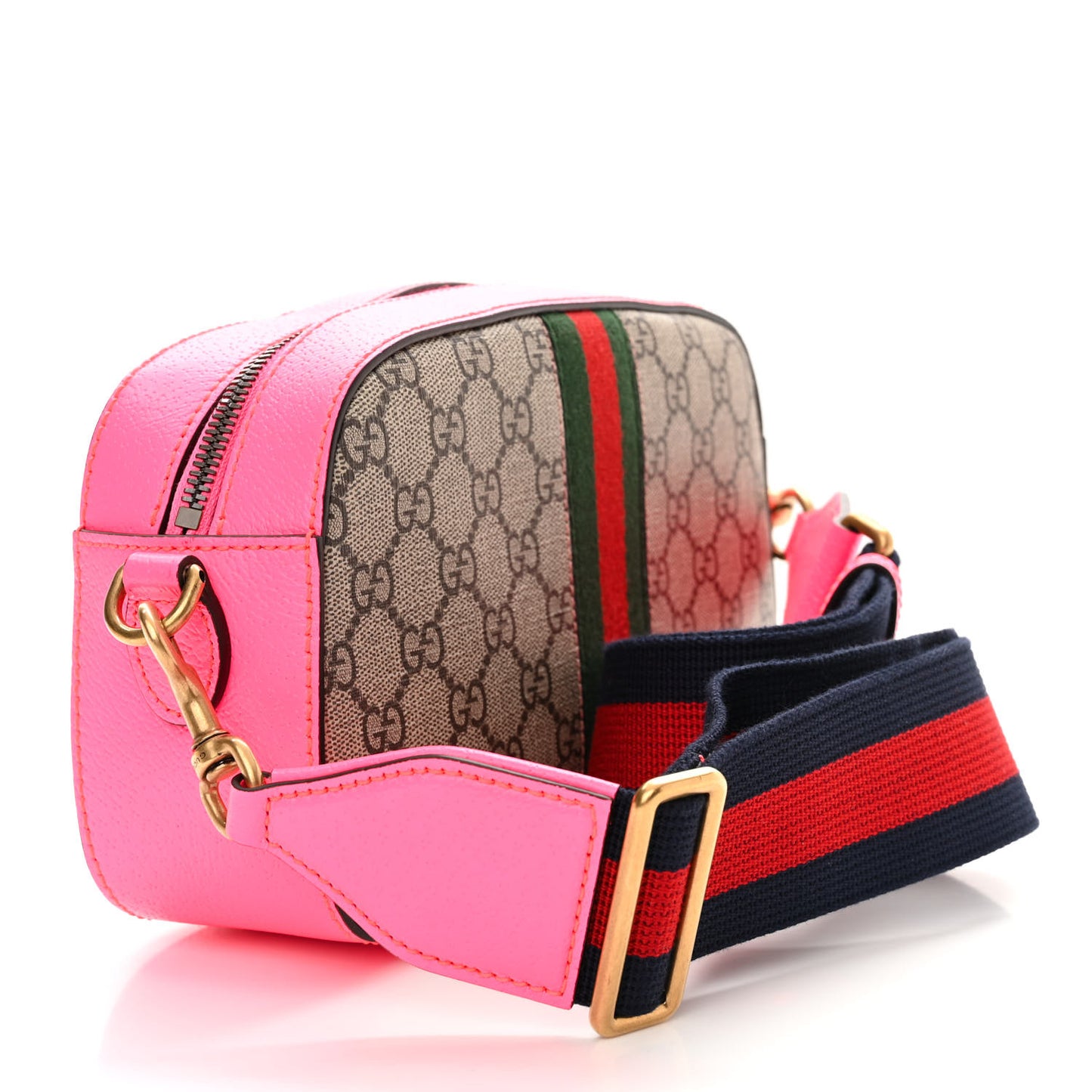 GG Supreme Monogram Textured Dollar Calfskin Web Ophidia Small Crossbody Bag Beige Ebony Fuchsia