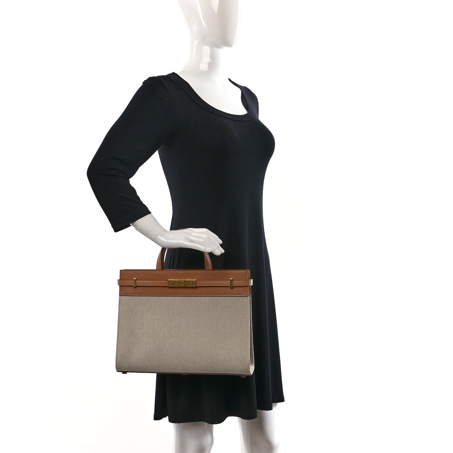 Canvas Calfskin Medium Manhattan Shopper Tote Natural Brown