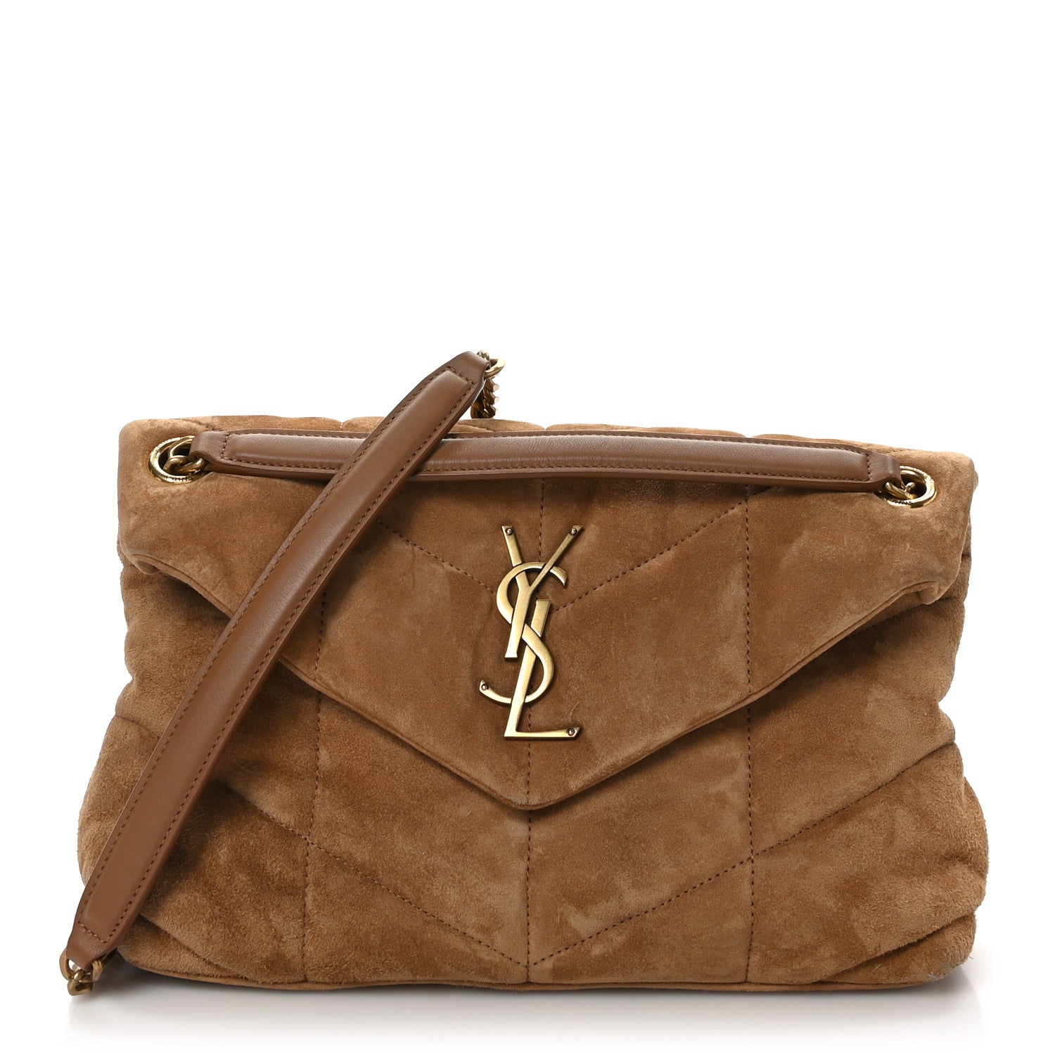 Saint Laurent Suede Calfskin Quilted Small Loulou Puffer Monogram Chain Satchel Cinnamon 1 of 9