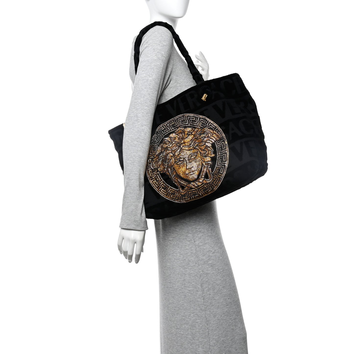 Terry Cloth Allover Crystal Studded Medusa Tote Black