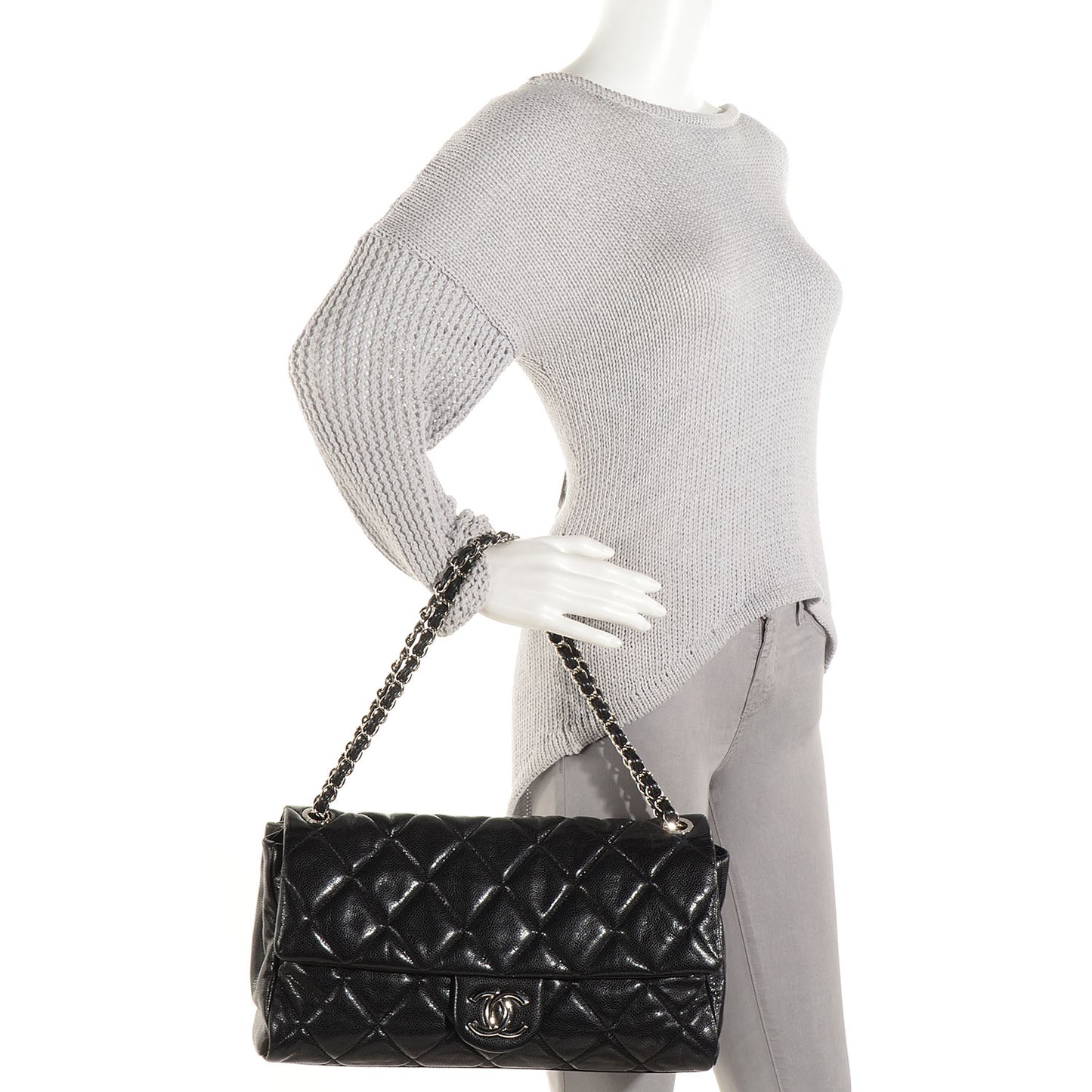 Glazed Caviar Medium Nature Flap Bag Black
