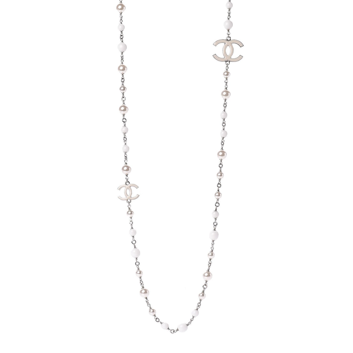Enamel Beaded Pearl CC Long Necklace Silver Ivory