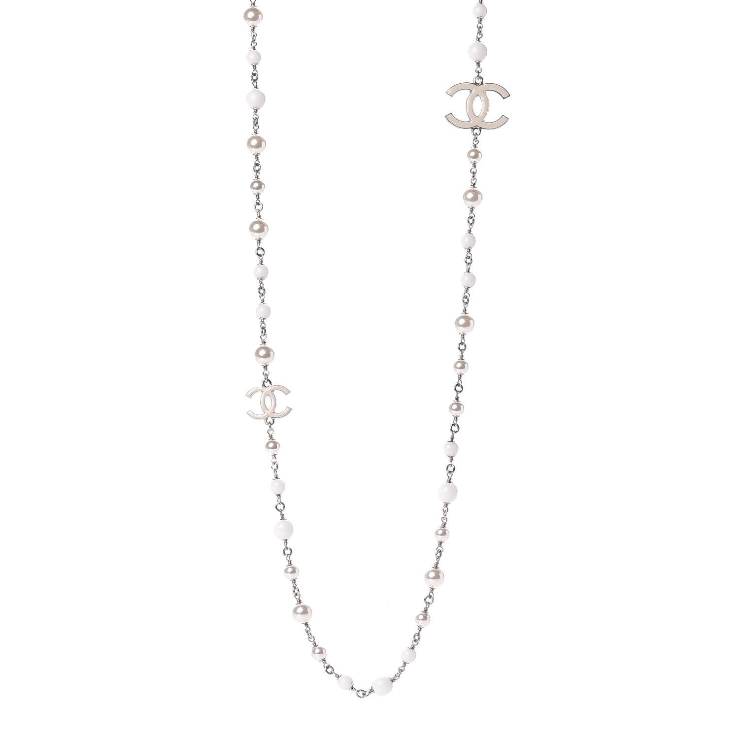 Chanel Enamel Beaded Pearl CC Long Necklace Silver Ivory 1 of 5