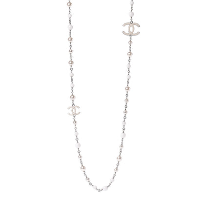 Chanel Enamel Beaded Pearl CC Long Necklace Silver Ivory 1 of 5