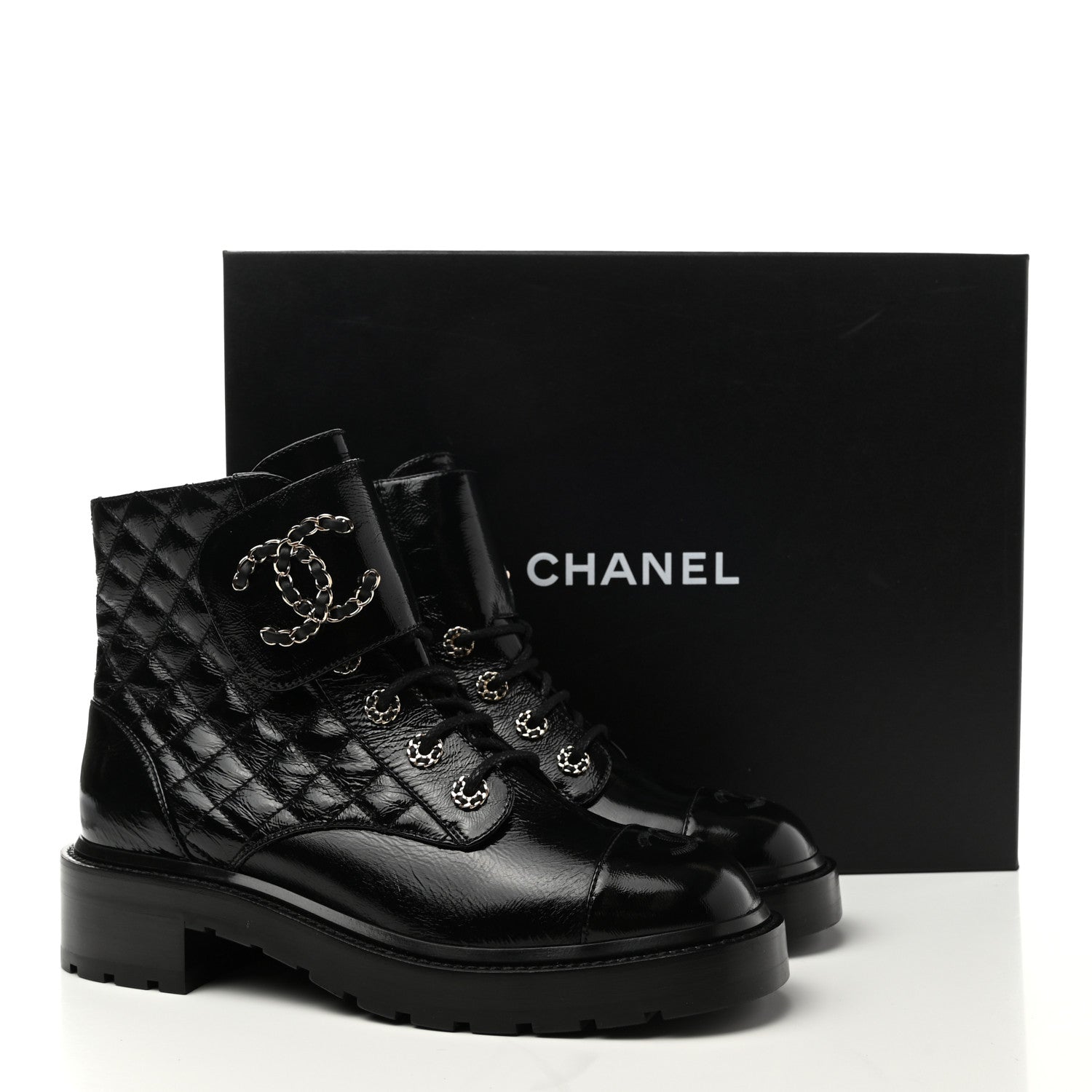 Chanel Shiny Lambskin Quilted Lace Up Combat Boots 40 Black 10 of 10