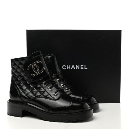 Chanel Shiny Lambskin Quilted Lace Up Combat Boots 40 Black 10 of 10