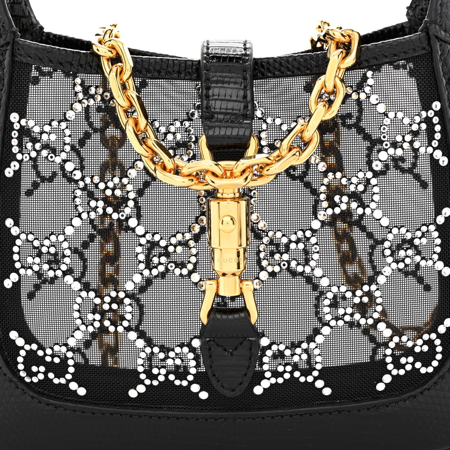 Gucci Lizard Mesh Crystal GG Monogram Mini Jackie 1961 Hobo Black 7 of 10