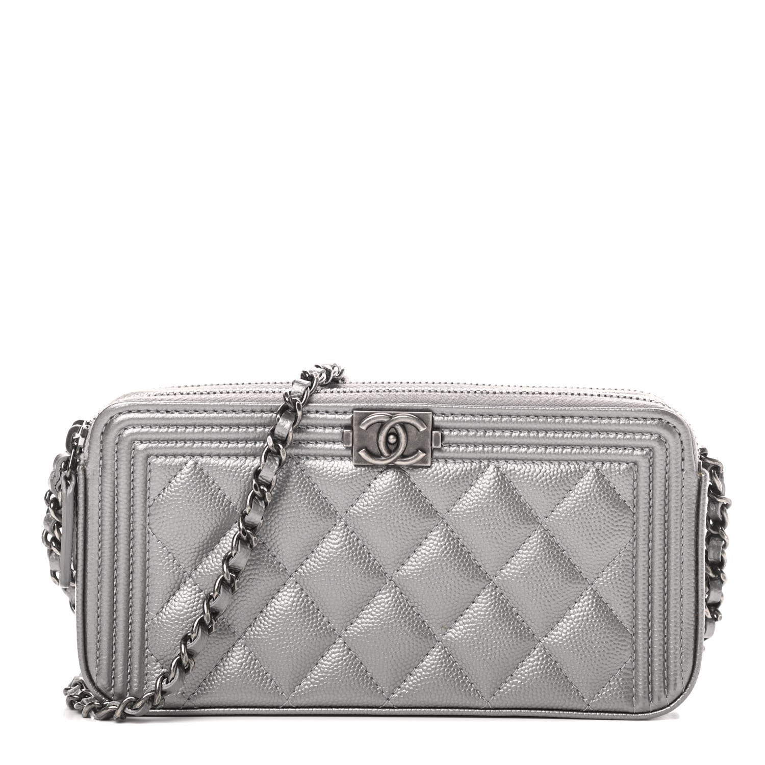 Chanel Metallic Caviar Quilted Small Boy Clutch With Chain Silver 1 of 14